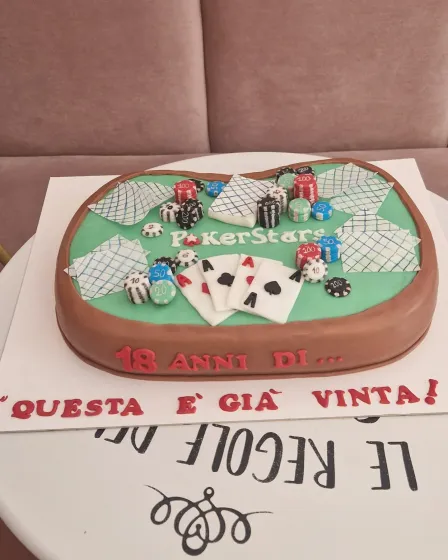 Torta di compleanno a tema poker, tavolo verde, carte, fiches, dadi, con la scritta 