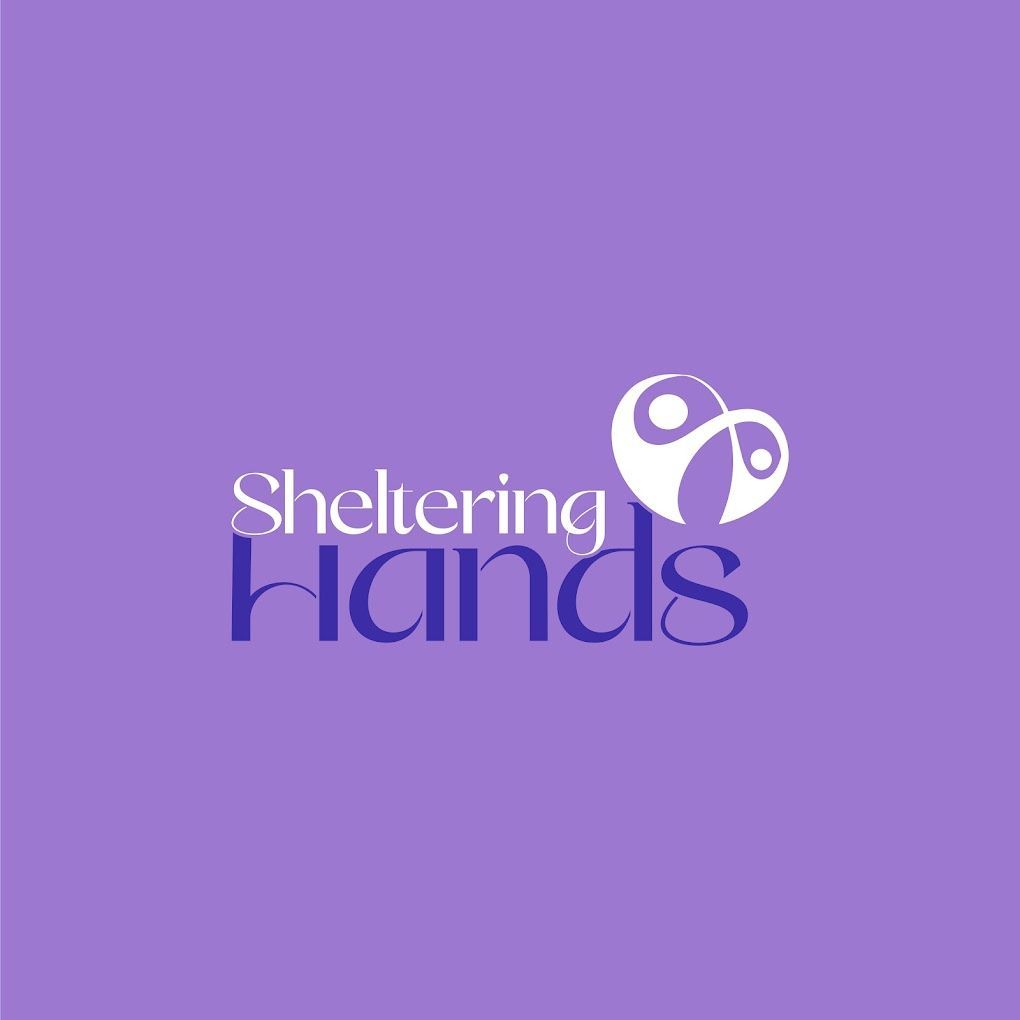 The logo for sheltering hands is on a purple background