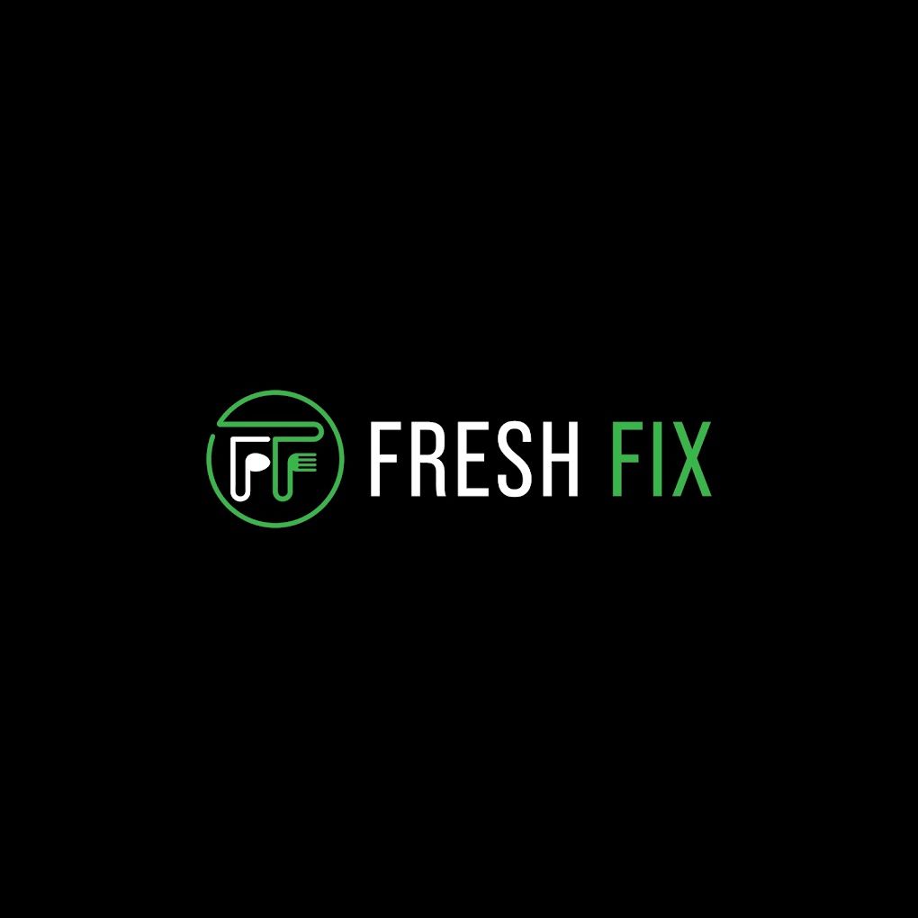 The fresh fix logo is green and white on a black background.