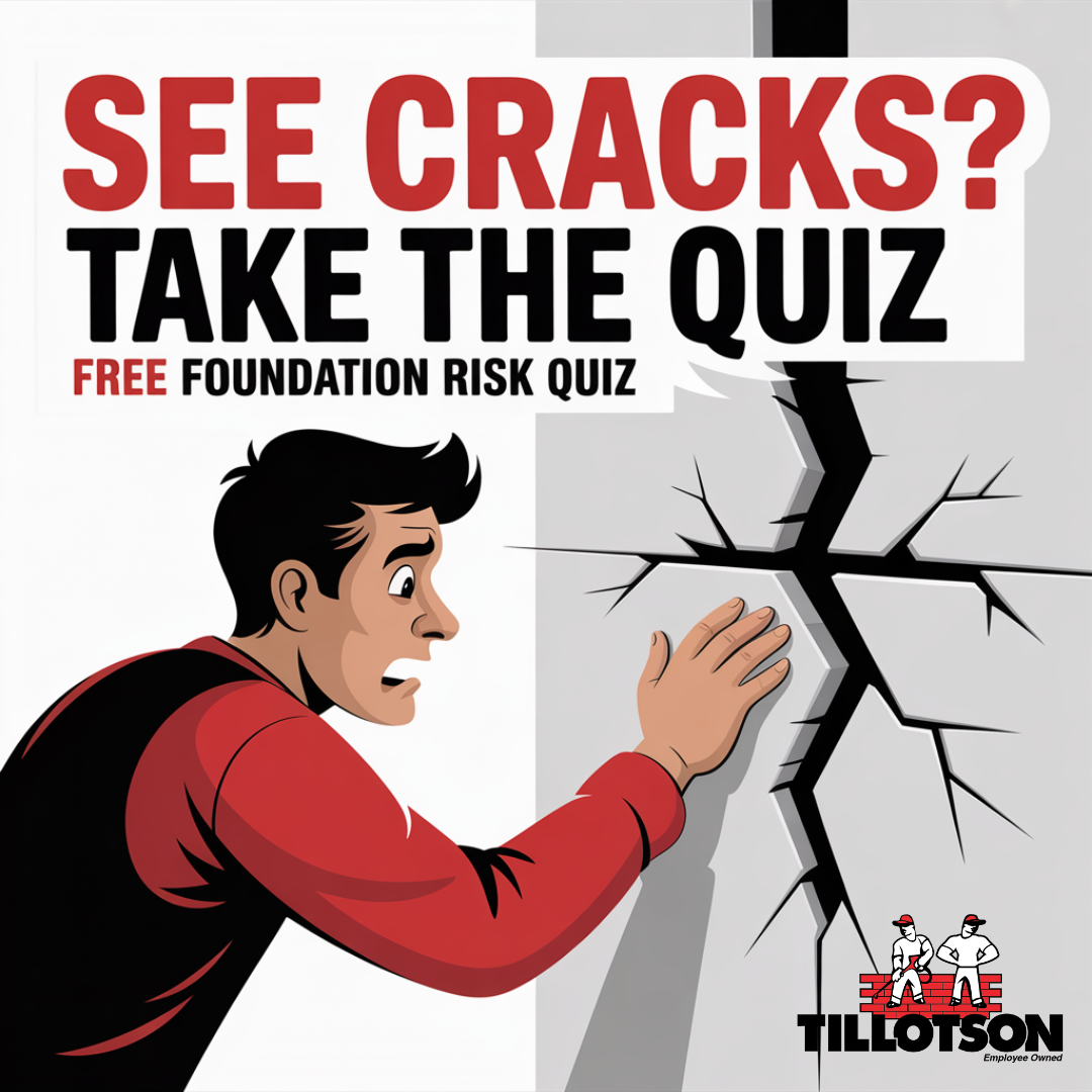 Man looks at large crack in wall; text says