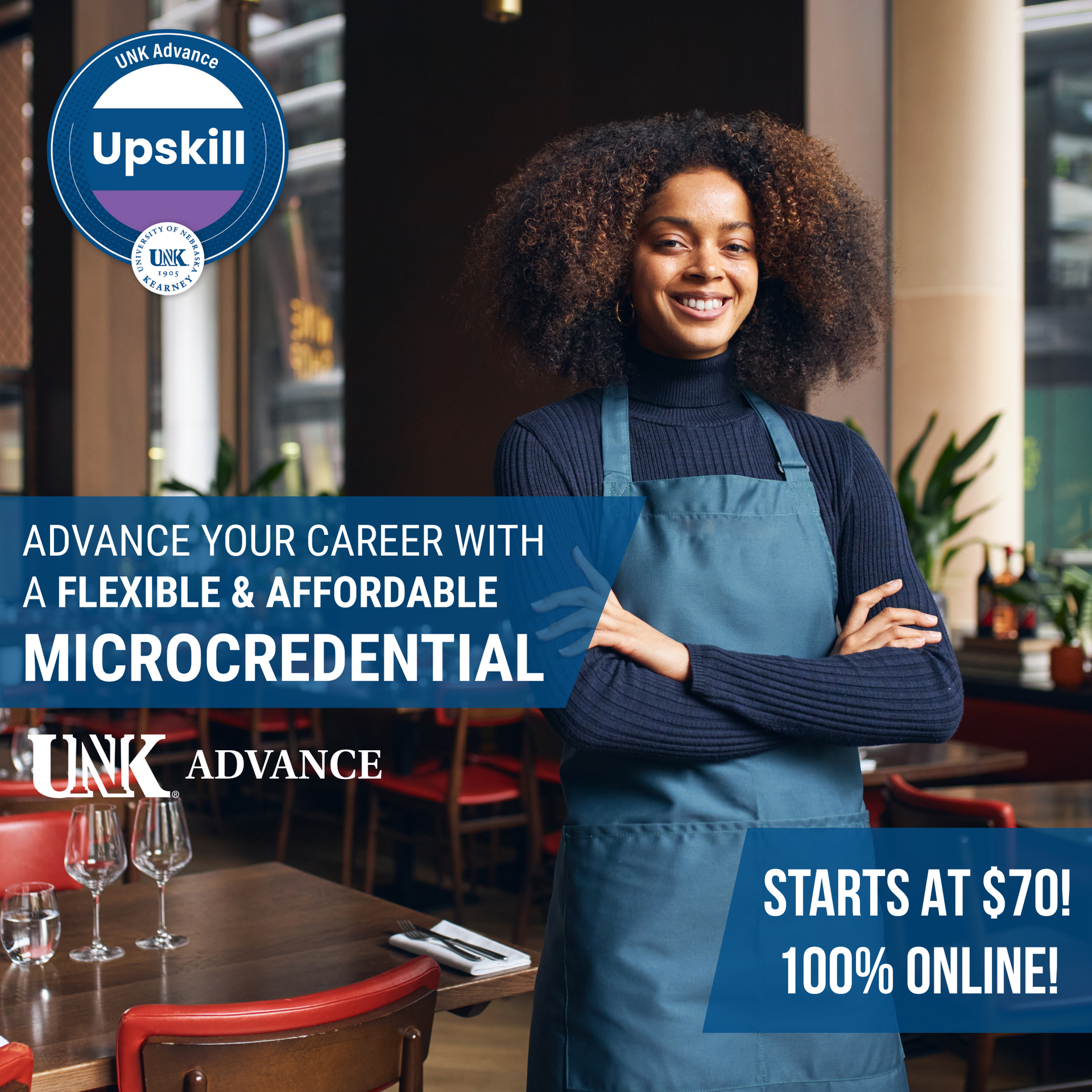 Woman in a restaurant apron smiles, advertisement for online microcredential courses starting at $70.