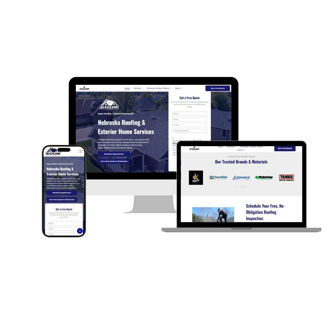 Website design: Nebraska Roofing & Laborer Home Services, displayed on a computer, laptop, and phone.