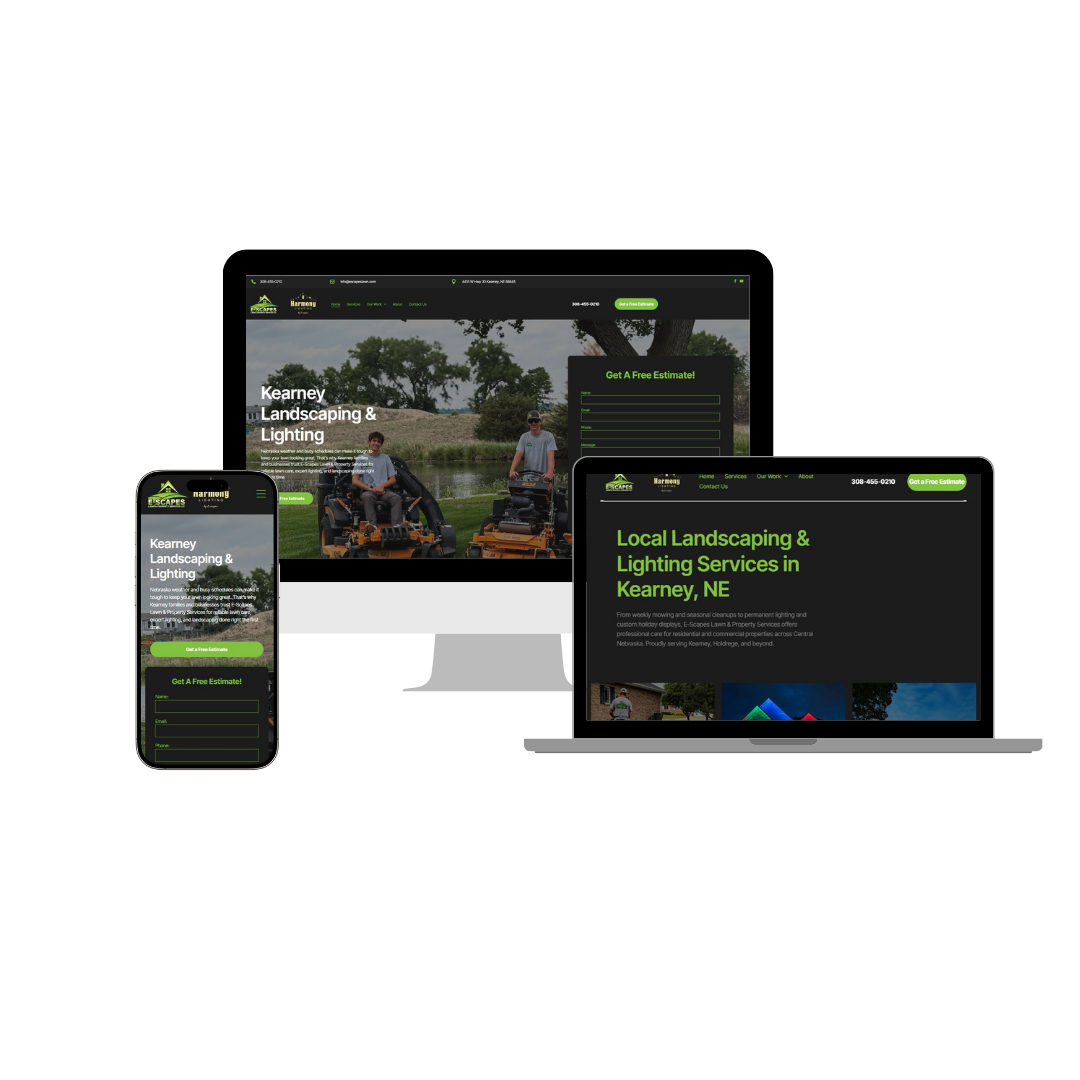 Website design on desktop, laptop, and smartphone displays. Features landscaping services.