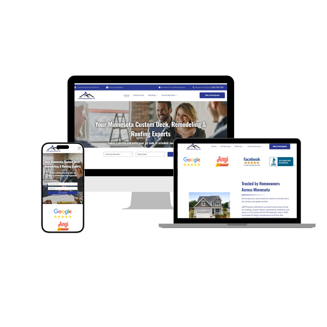 Website displayed on a desktop, laptop, and smartphone, showcasing a company's services.