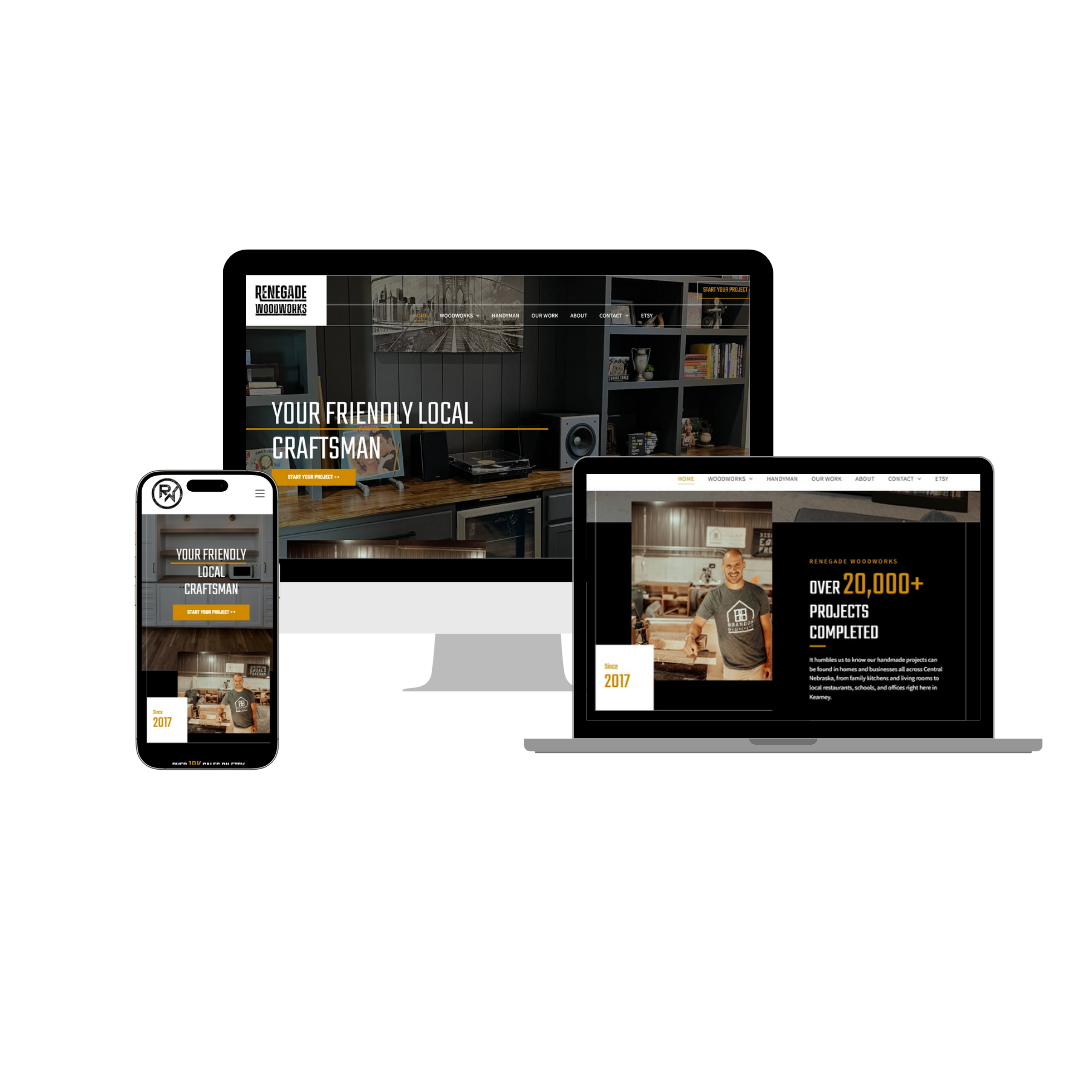 Website displayed on a phone, computer monitor, and laptop. The website features a dark aesthetic with a person.