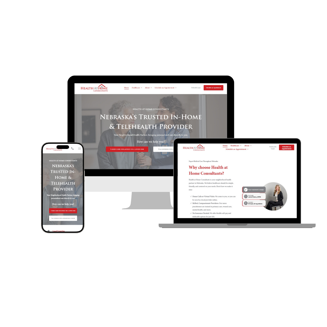 Three electronic devices displaying a website: phone, computer monitor, and laptop.