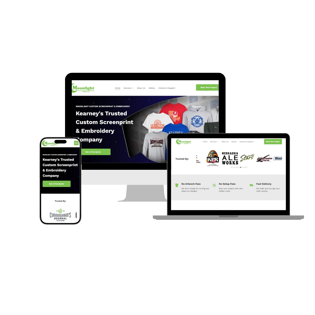 Website mockups on a desktop, laptop, and phone. Featuring a custom embroidery company's webpage with green accents.