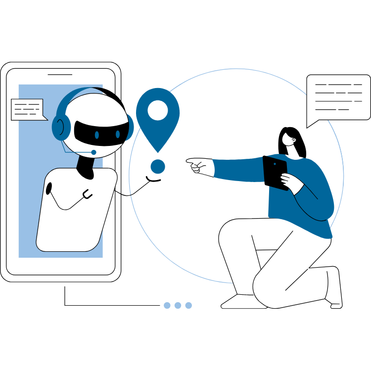A woman is kneeling down in front of a robot on a cell phone.