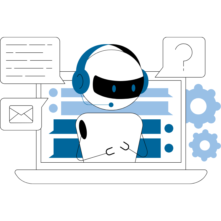 A robot wearing headphones is sitting in front of a laptop computer.