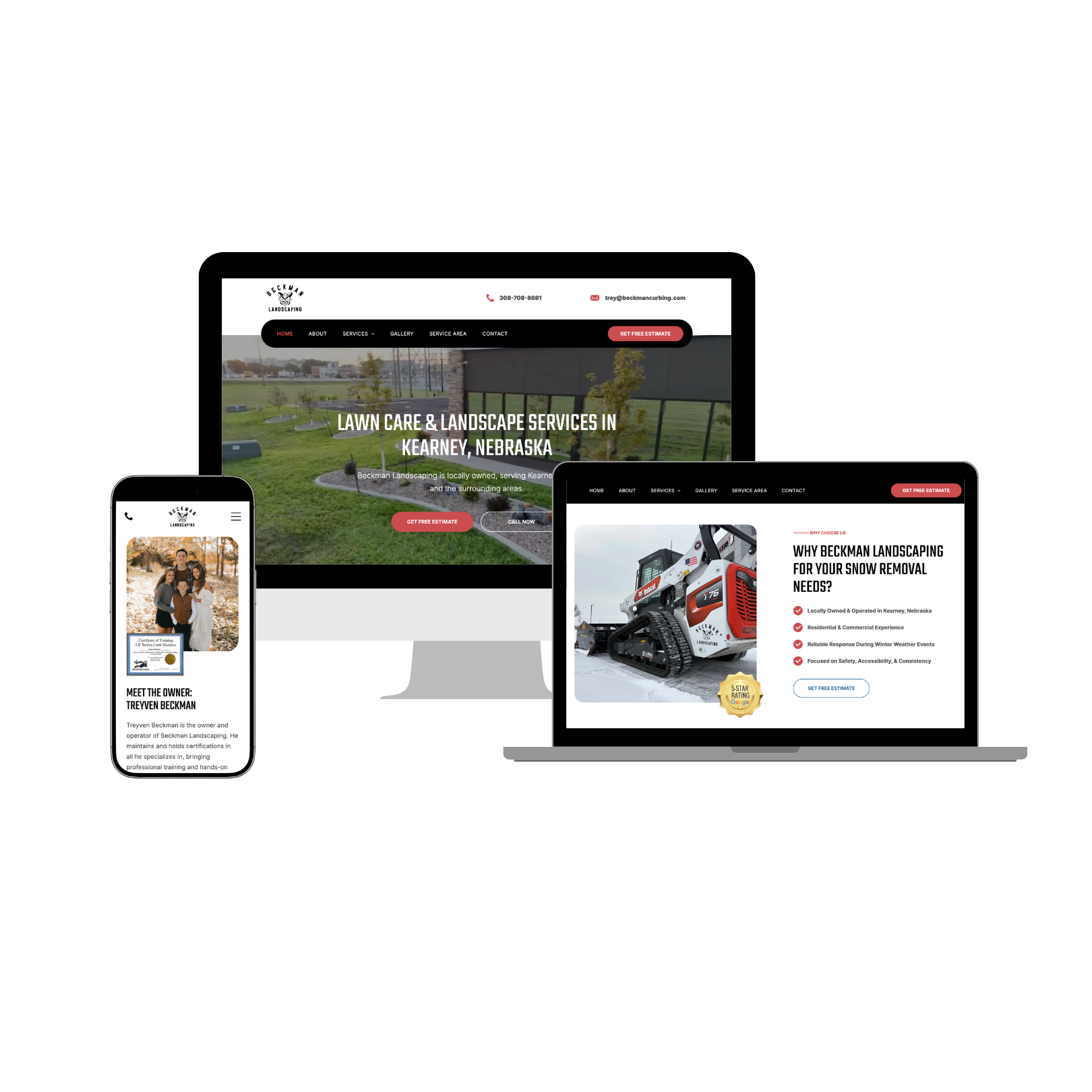 Website of Beckman Landscaping in Kearney, Nebraska, displayed on a phone, laptop, and desktop computer.