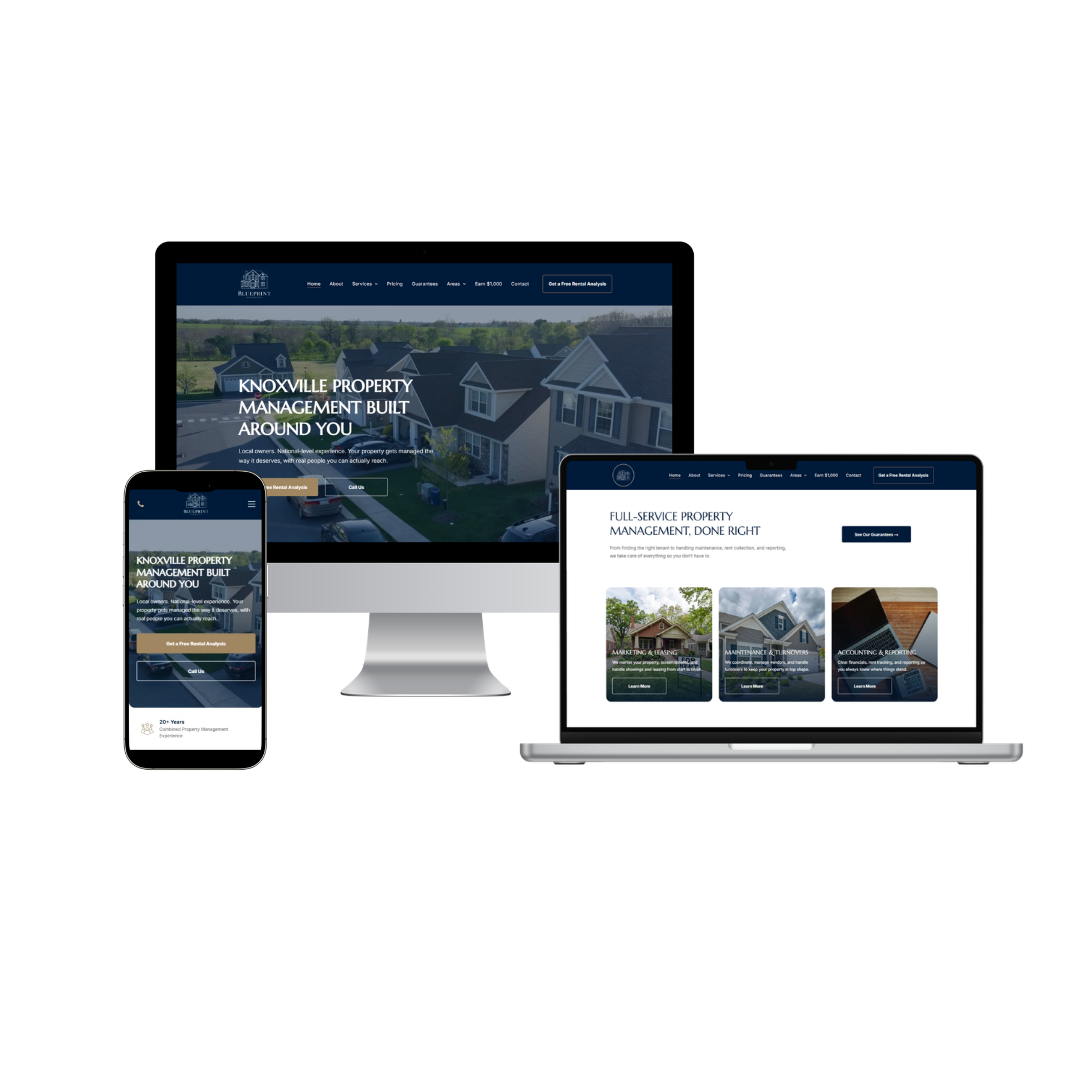 Website of Blueprint Residential displayed on a phone, laptop, and desktop computer.