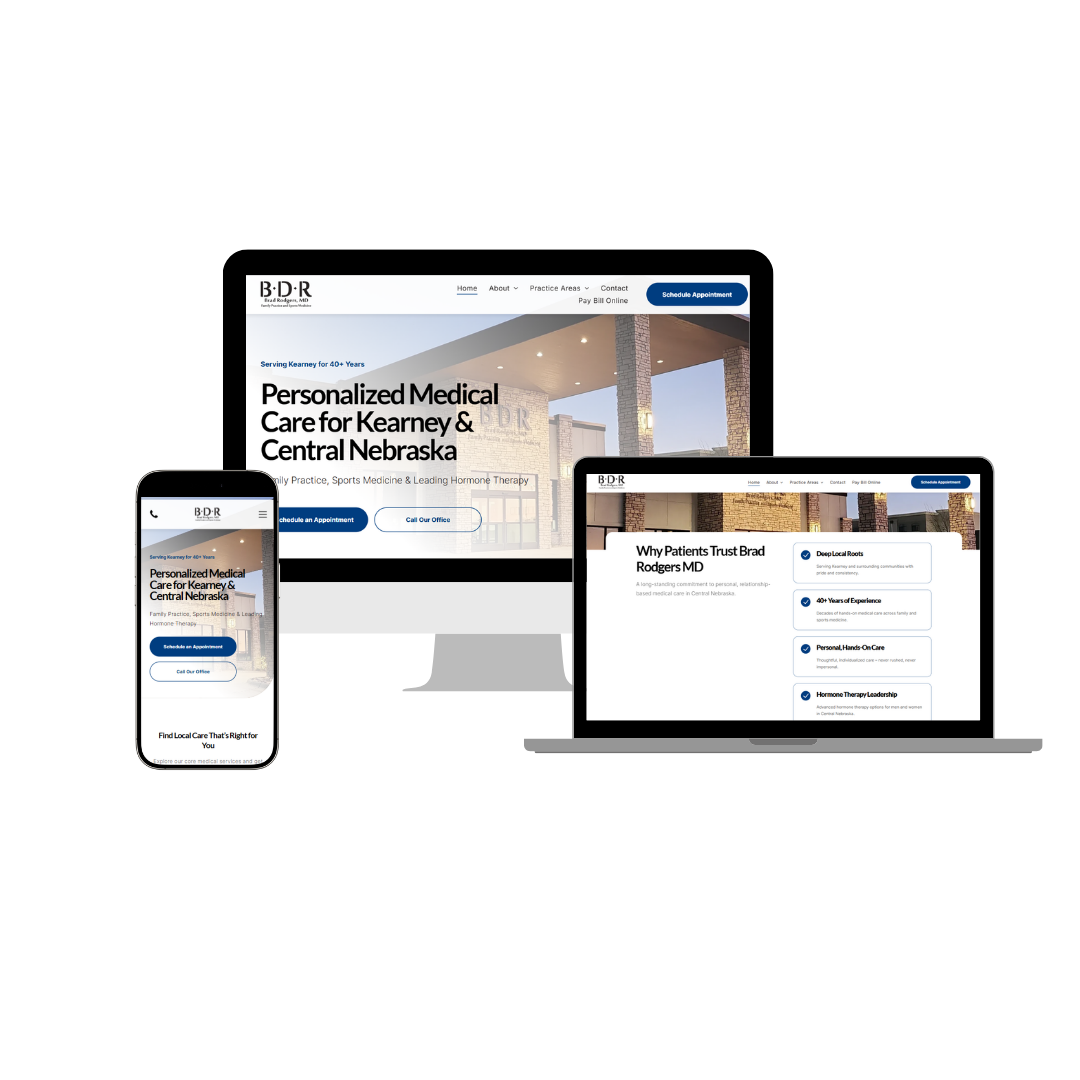 Website of Brad Rodgers MD in Kearney and Central Nebraska, displayed on a phone, laptop, and desktop computer.