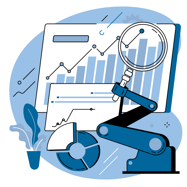 A robotic arm is holding a magnifying glass and looking at a graph.