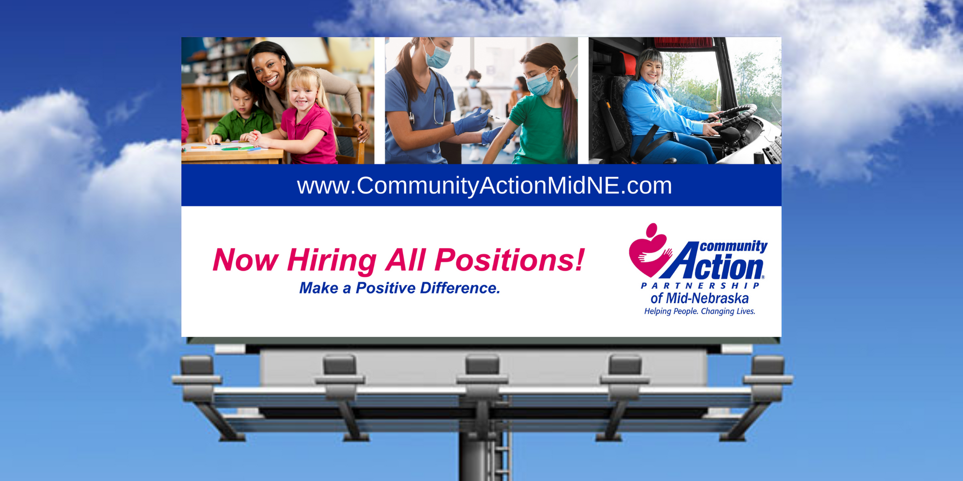 A billboard that says now hiring all positions