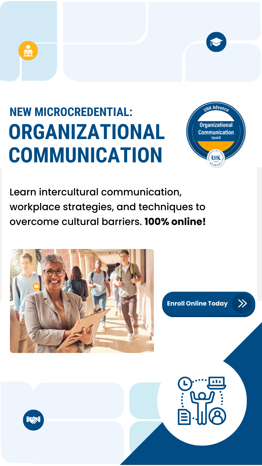 Promotional graphic for an online Organizational Communication microcredential. Includes people, text, and logos.