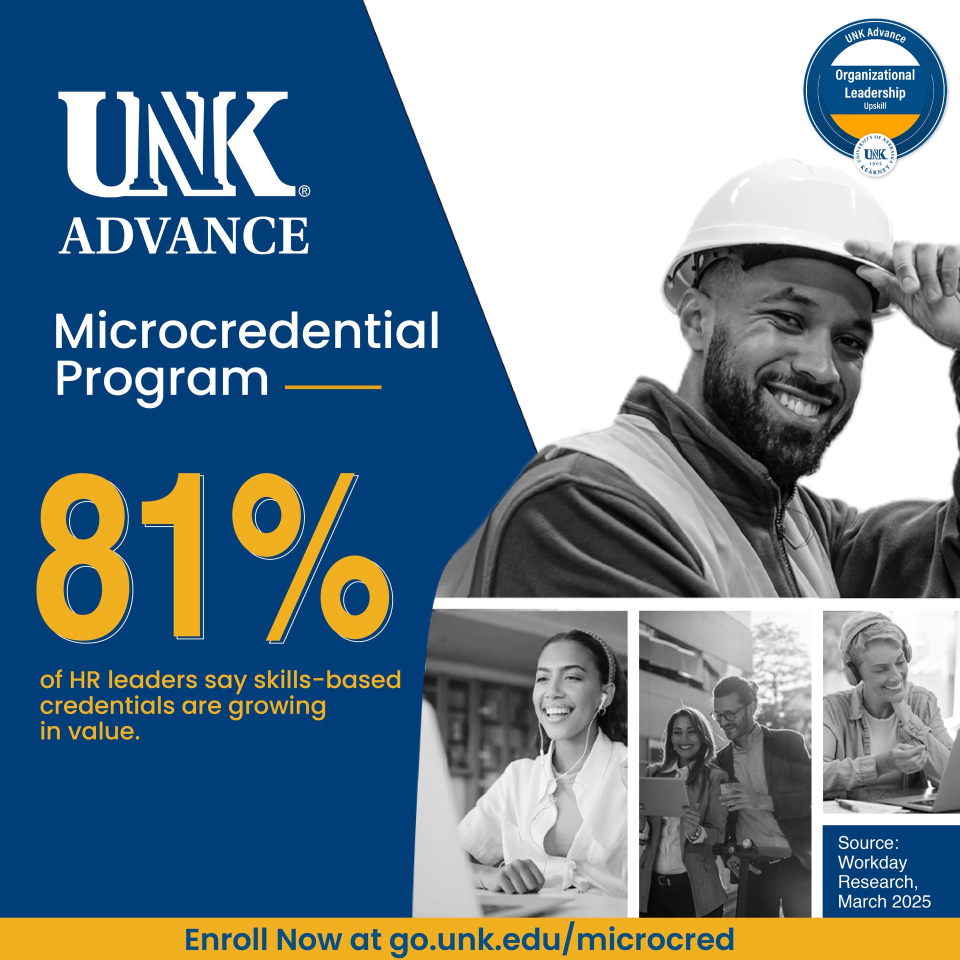 Advertisement for UNK microcredential program: Smiling construction worker, text
