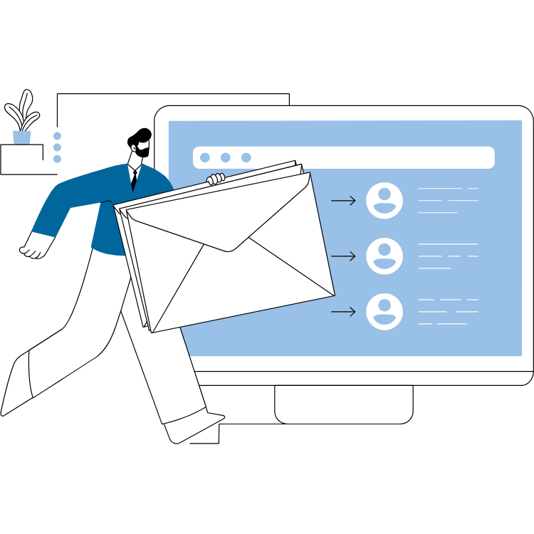 A man is carrying an envelope in front of a computer screen.