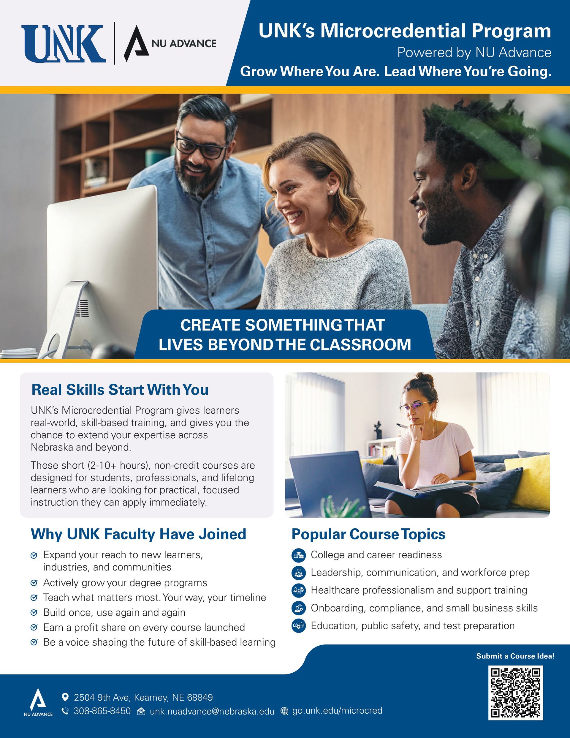 Promotional flyer for UNK's Microcredential Program, with people at computers, and information about the program.