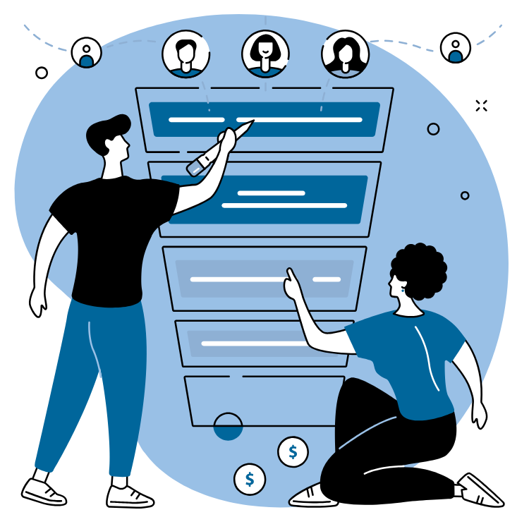 A man and a woman are working on a sales funnel.