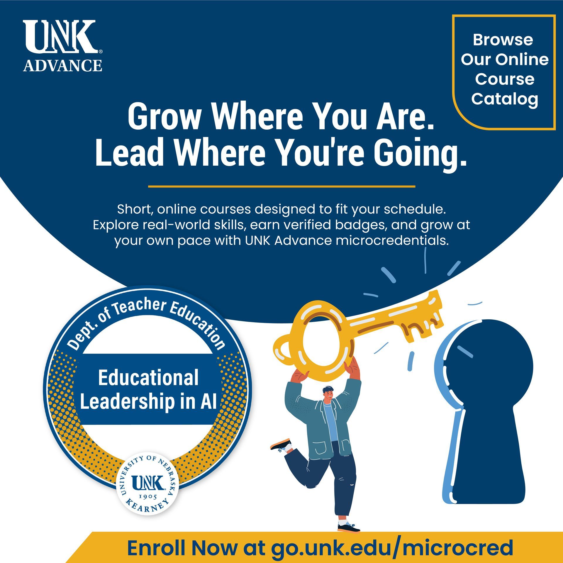 Ad for UNK Advance: Man holding a golden key toward a keyhole, promoting online courses and microcredentials.