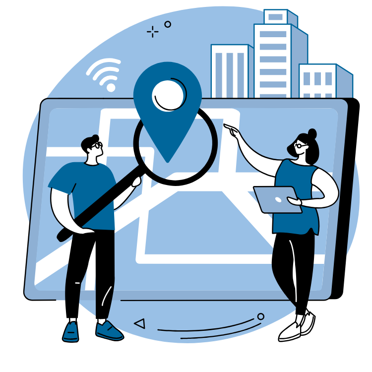 A man and a woman are looking at a map with a magnifying glass.