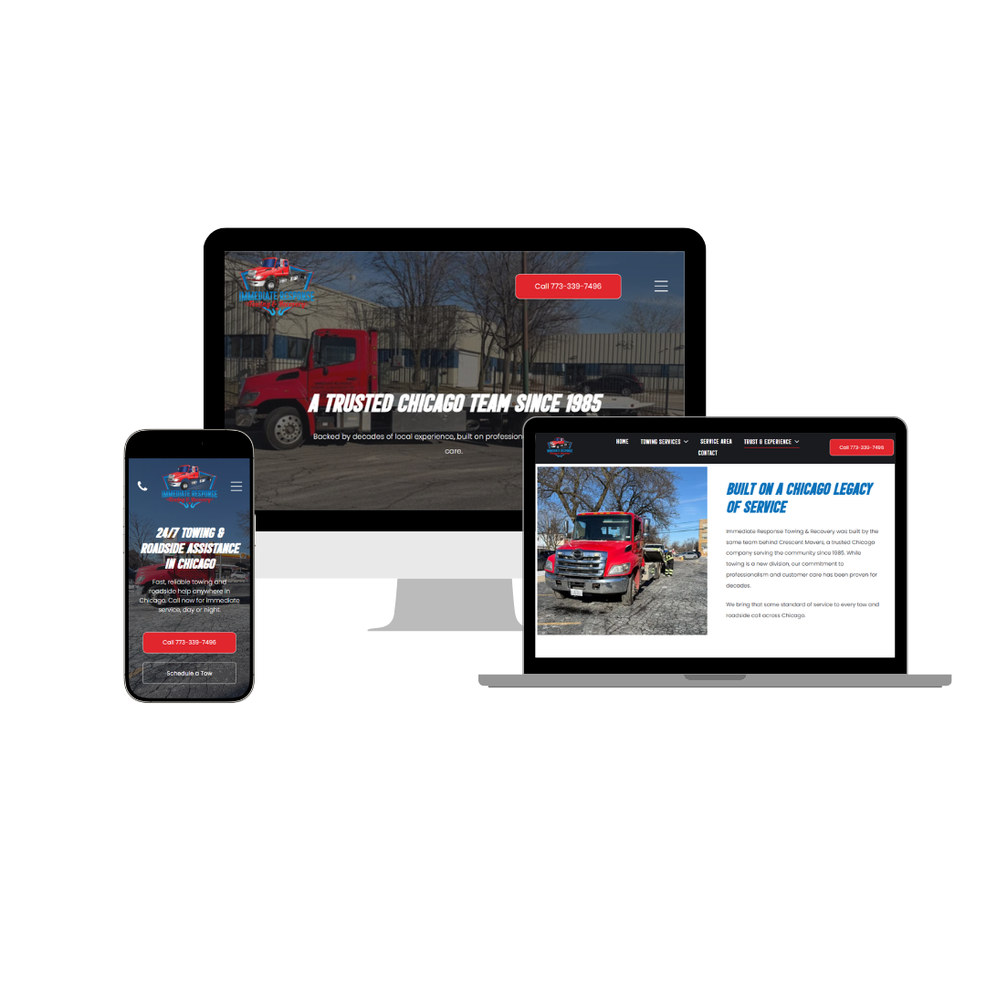 Website of Immediate Response Towing & Recovery in Chicago, Illinois, displayed on a phone, laptop, and desktop computer.