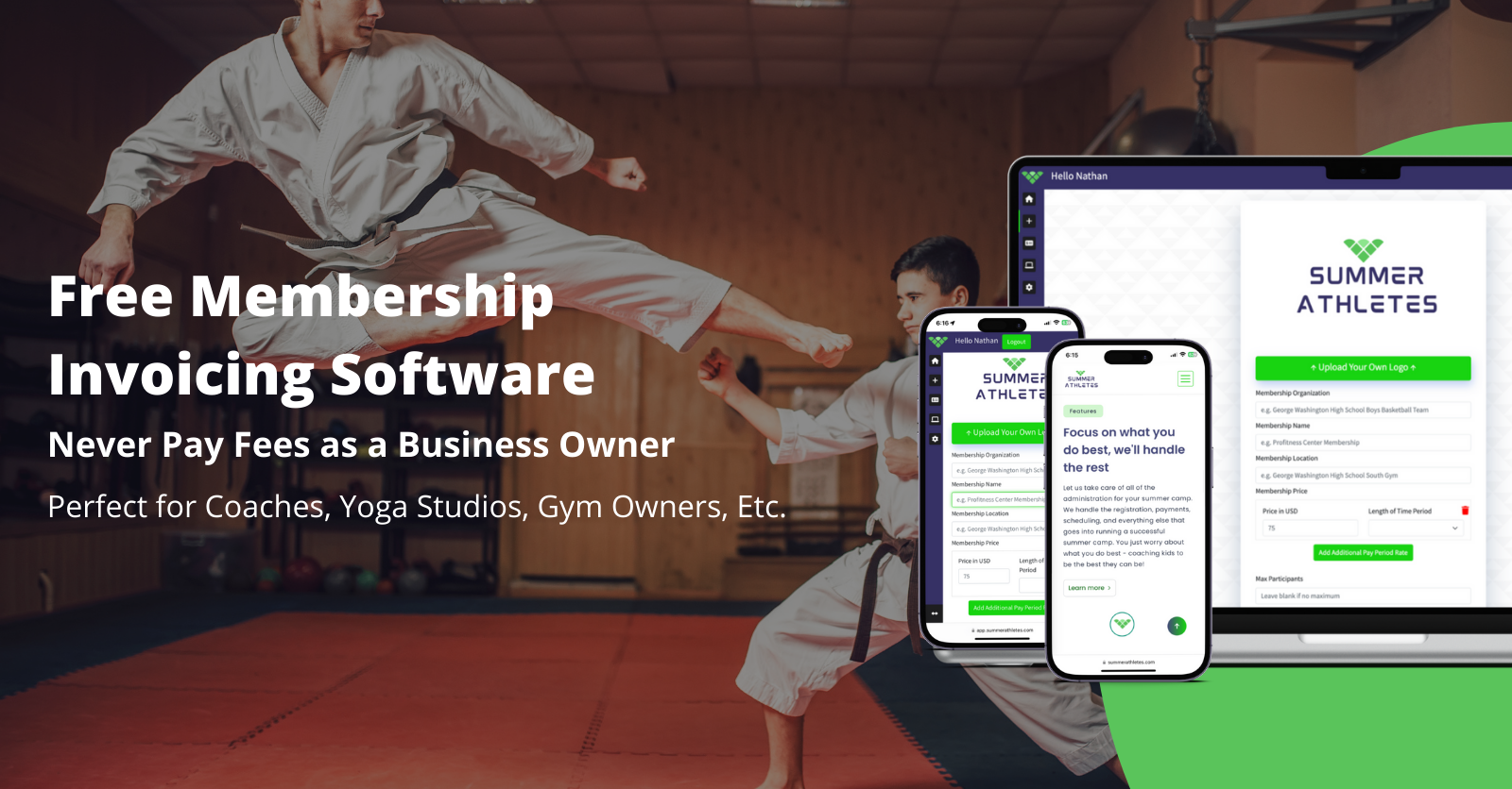 A man in a karate uniform is jumping in the air next to a laptop and a cell phone.