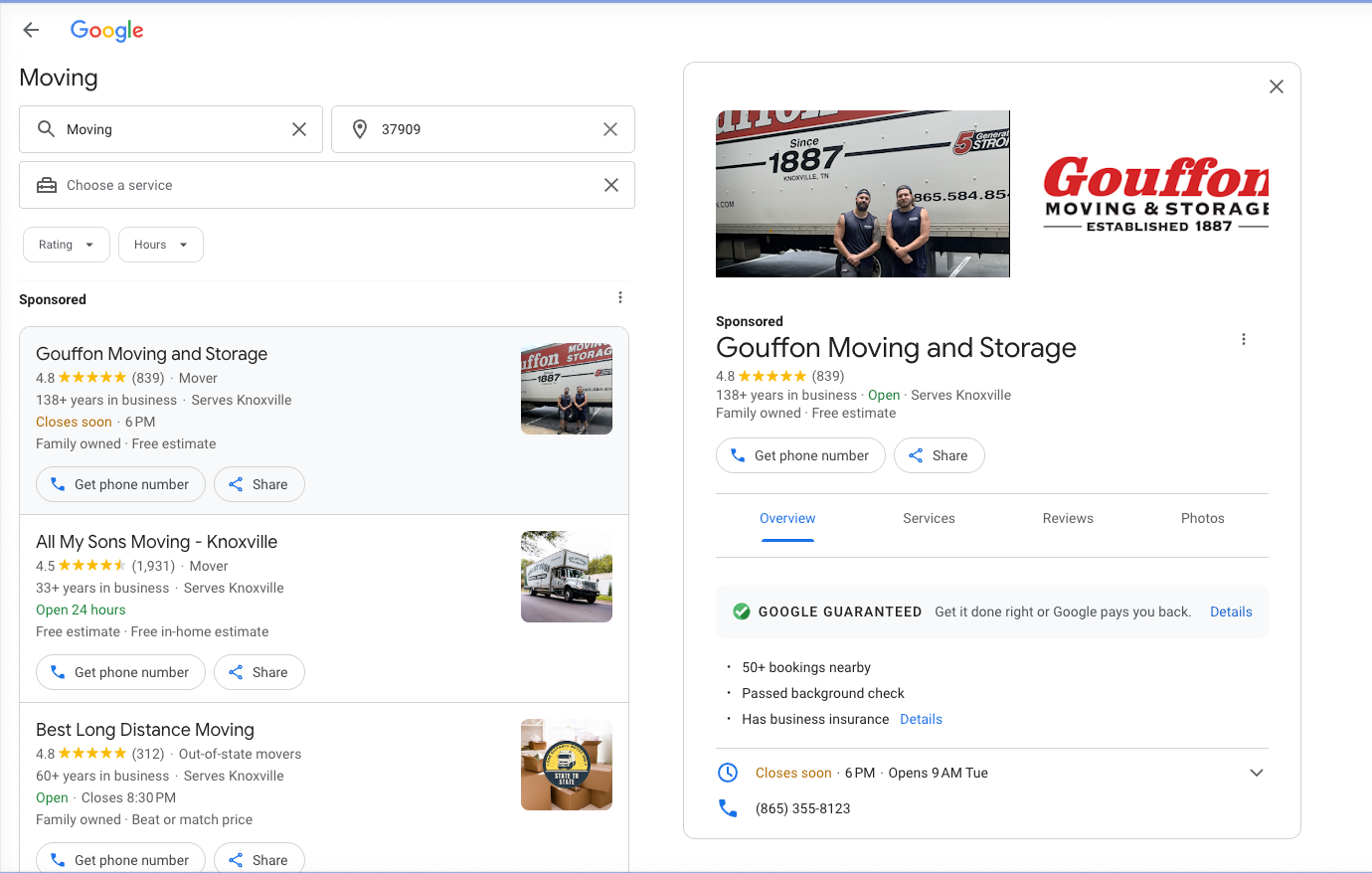 Sample of a Google Local Services ads for a moving company