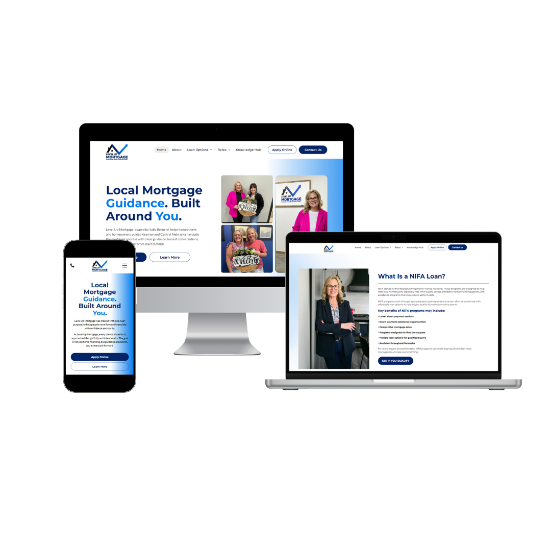 Website of Level Up Mortgage displayed on a phone, laptop, and desktop computer.