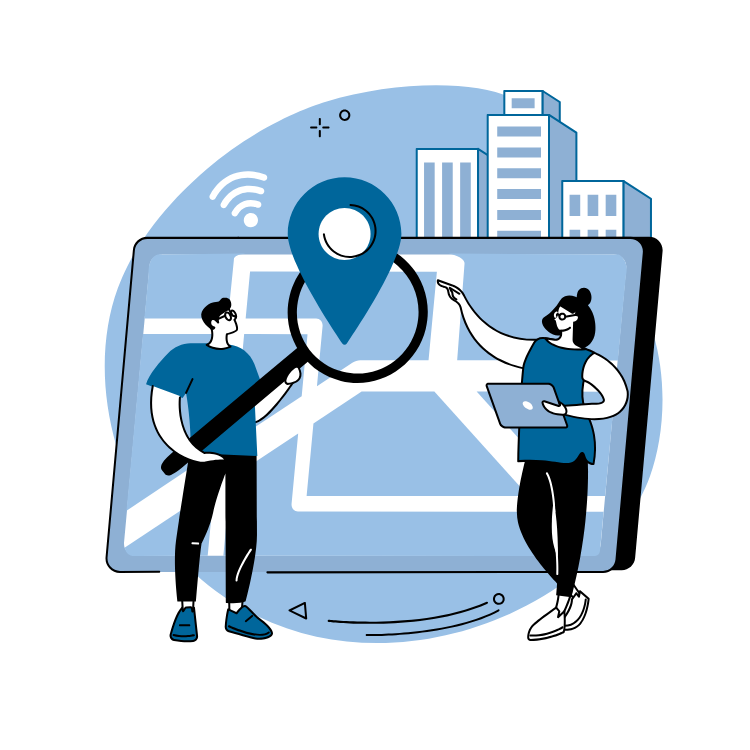 A man and a woman are looking at a map with a magnifying glass.