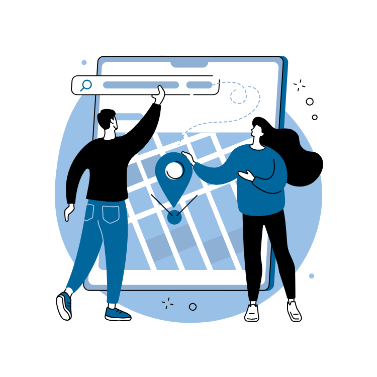 A man and a woman are looking at a map on a tablet.