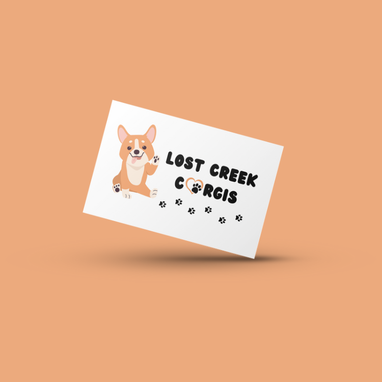 A business card for lost creek corgis with a corgi on it