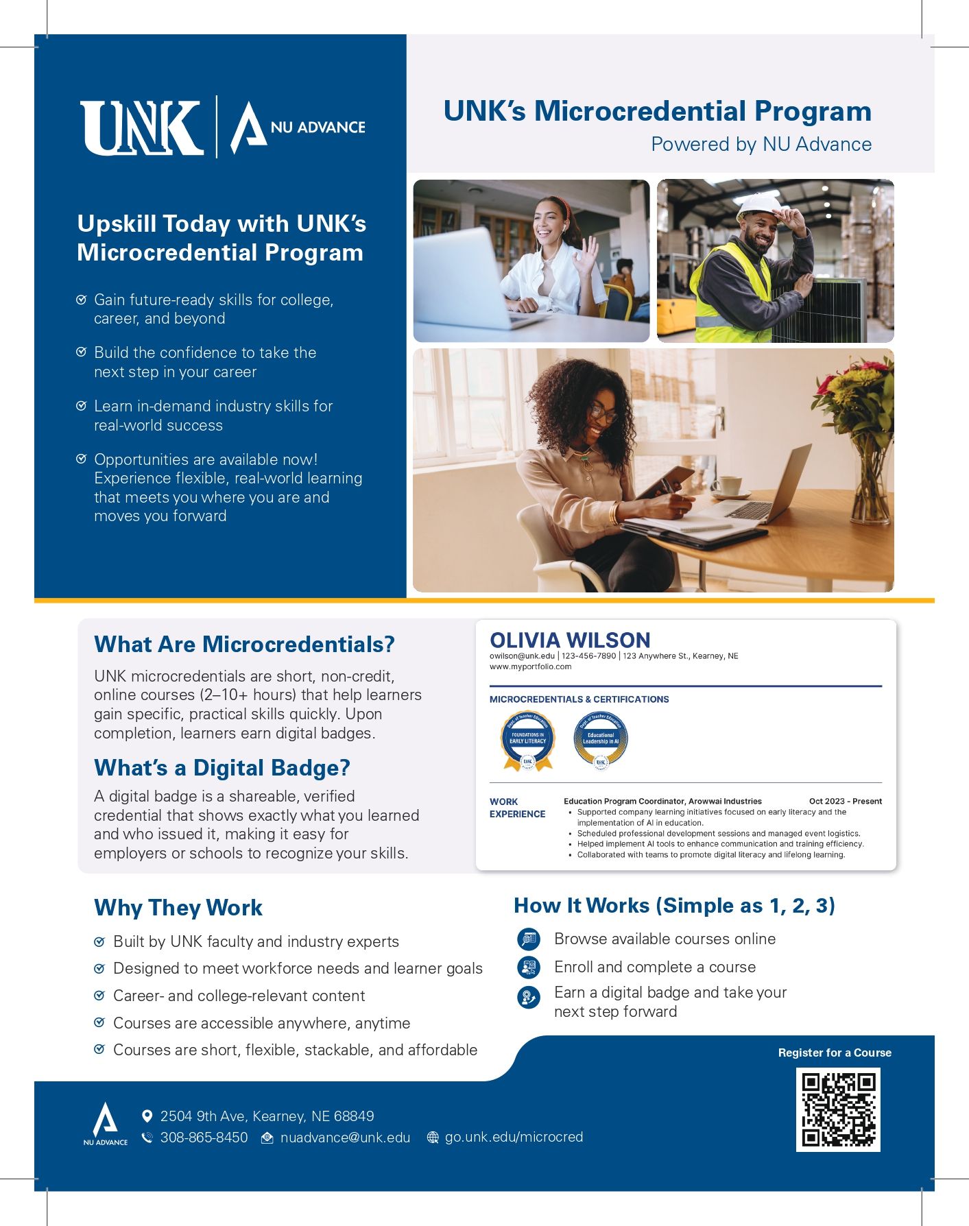Flyer promoting UNK's Microcredential Program, featuring program details and testimonials.