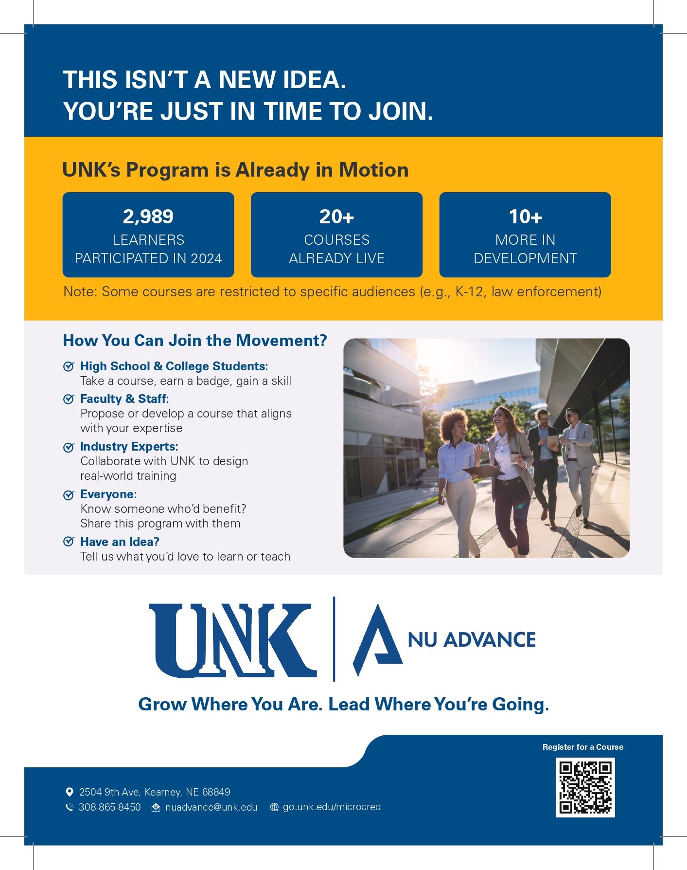 Flyer for UNK promoting a program with stats, program features, and a photo of people walking outside.
