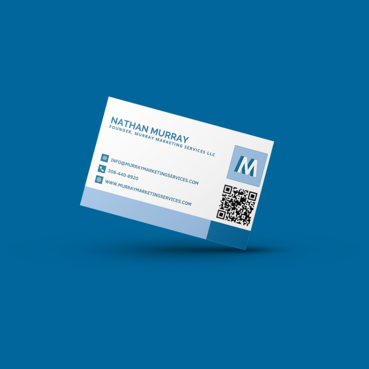 A business card for nathan murray is floating in the air on a blue background.