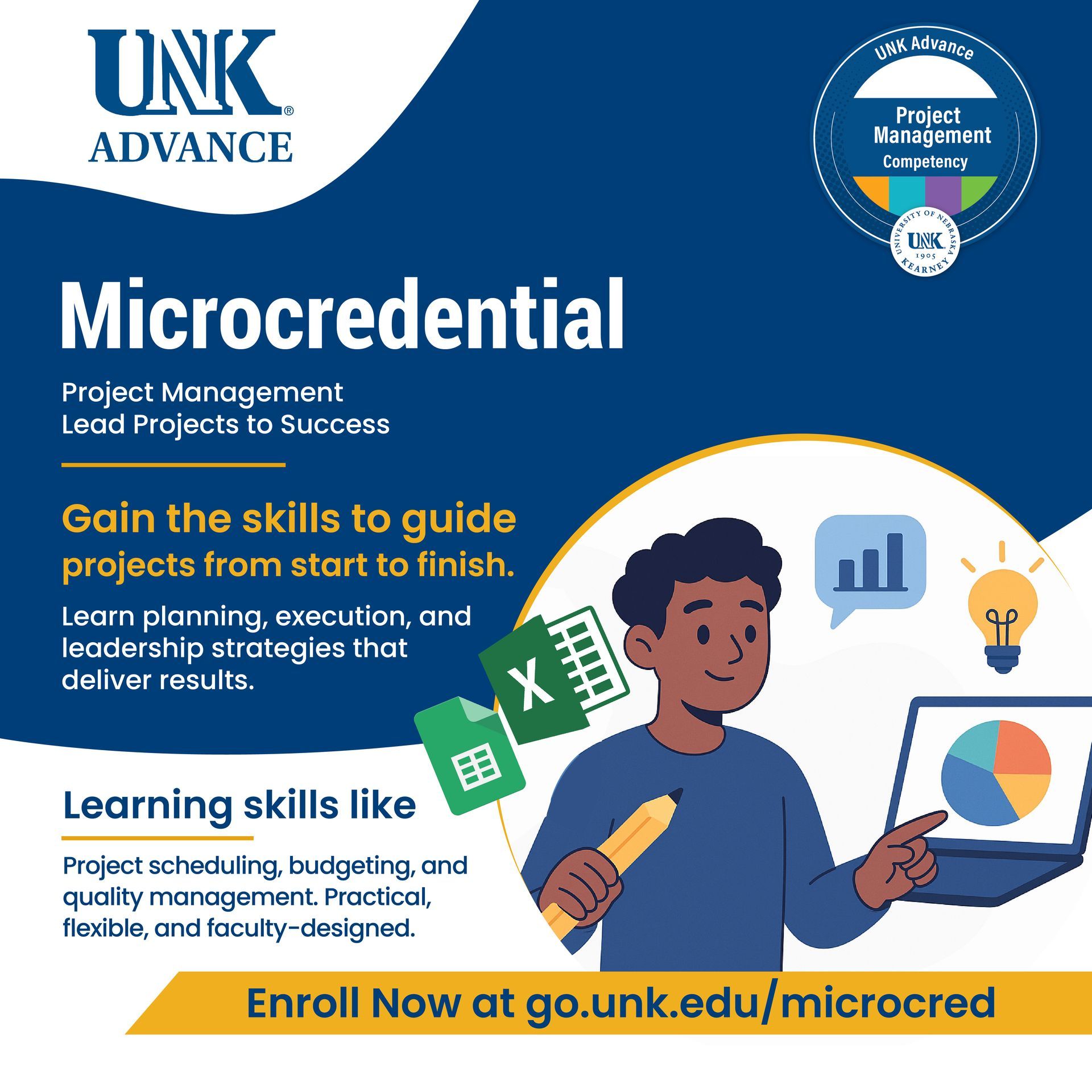 Promotional graphic for a project management microcredential at UNK. It features a person at a laptop, surrounded by project management icons, on a navy blue background.