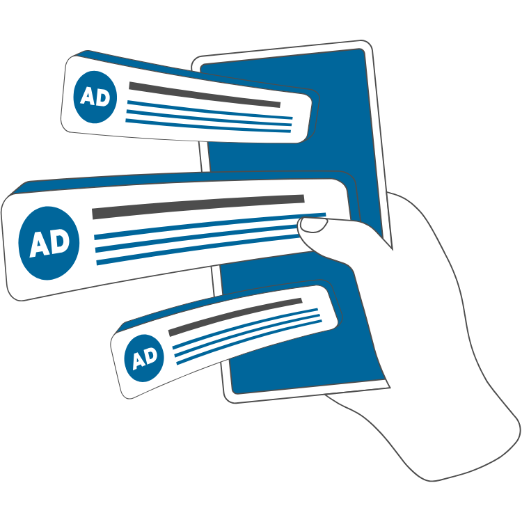 A hand is holding a cell phone with three ads on it.