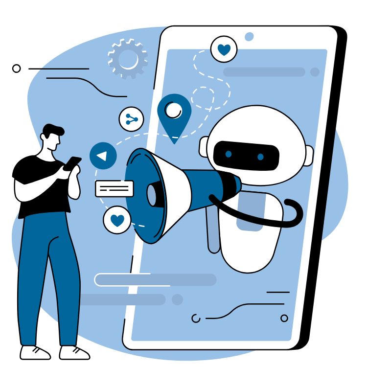 A man is standing next to a robot holding a megaphone.