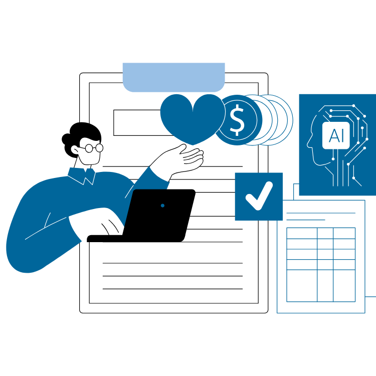 A man is holding a heart and a dollar sign while using a laptop computer.