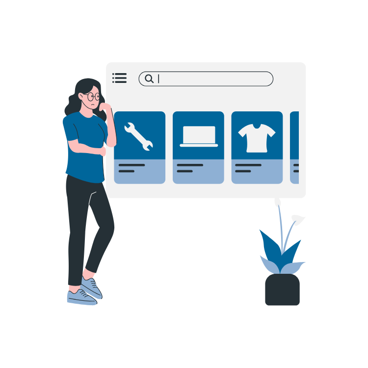 A woman is standing in front of a computer screen with a search bar.