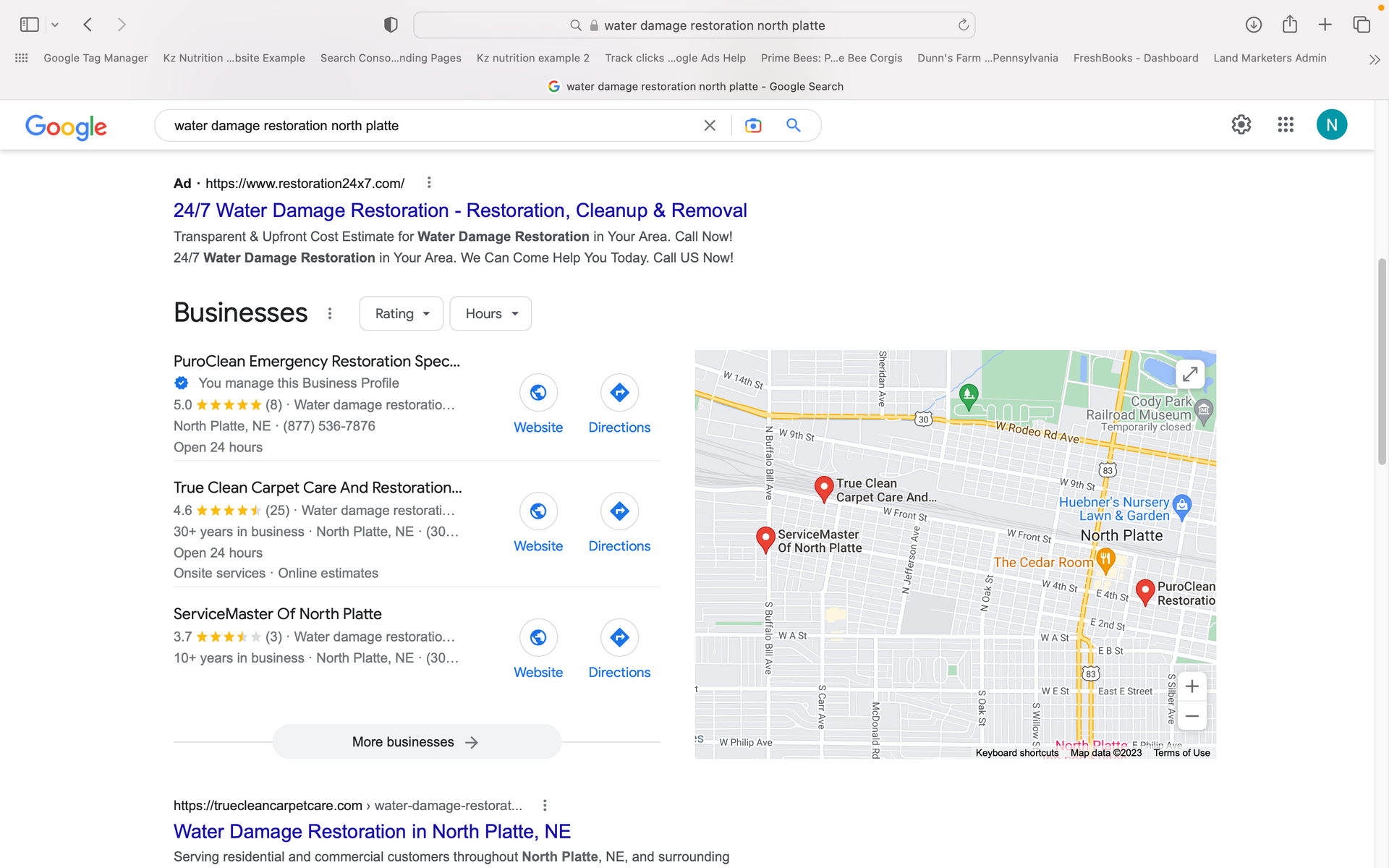 A screenshot of a google search page showing a map of a city.