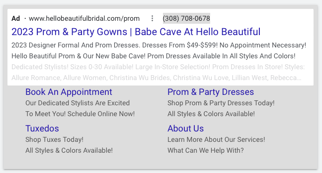 A google ad for prom and party gowns and tuxedos