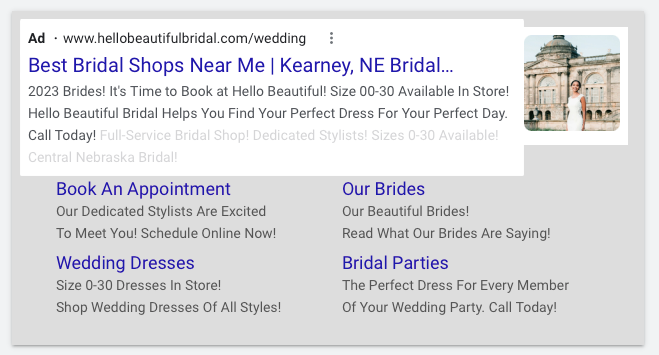 A google ad for bridal shops near me in kearney ne