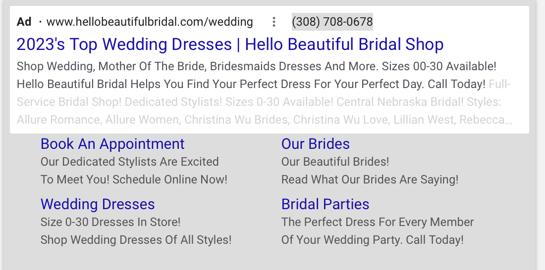 hello beautiful bridal google ads desktop