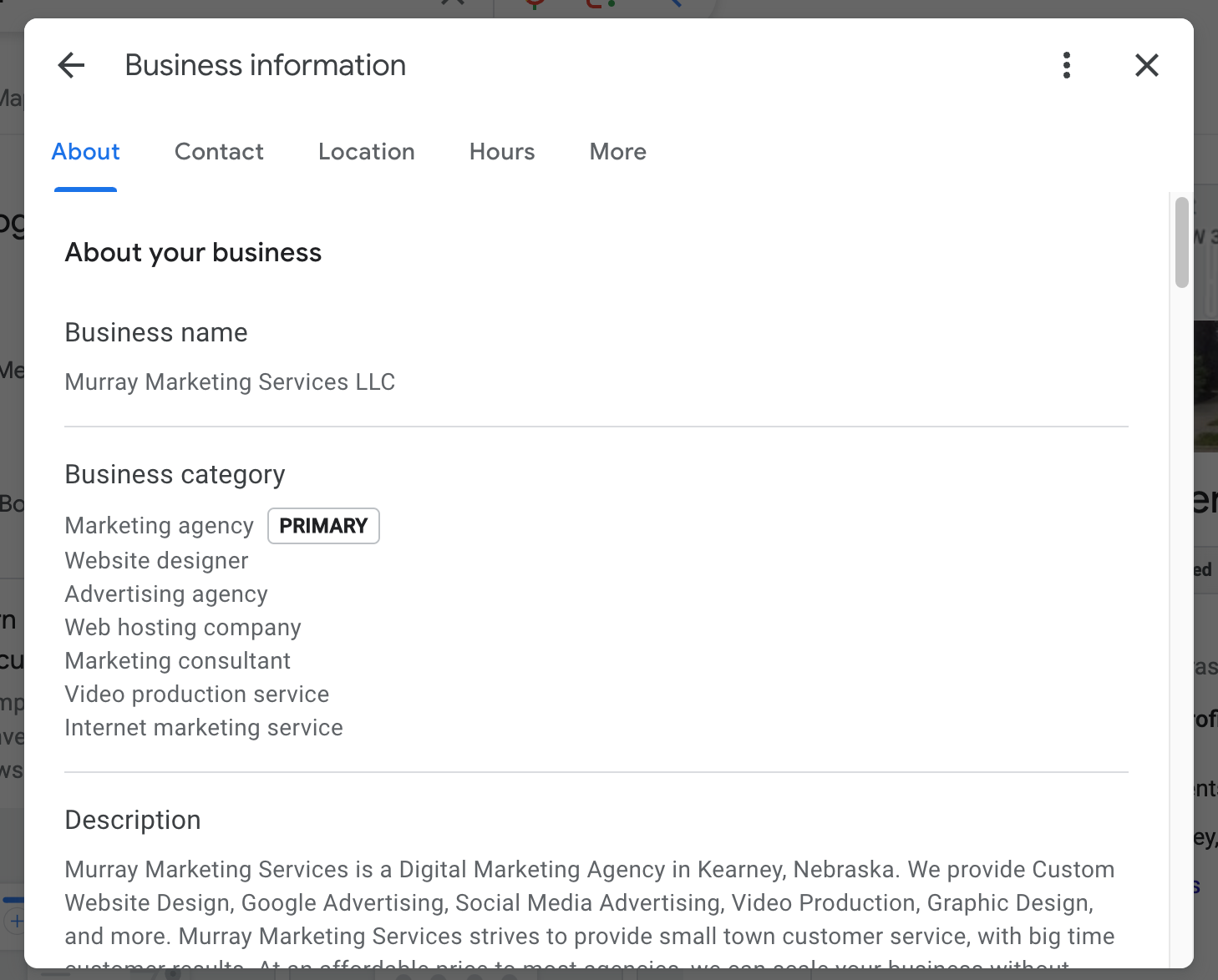 screenshot of google business profile business information