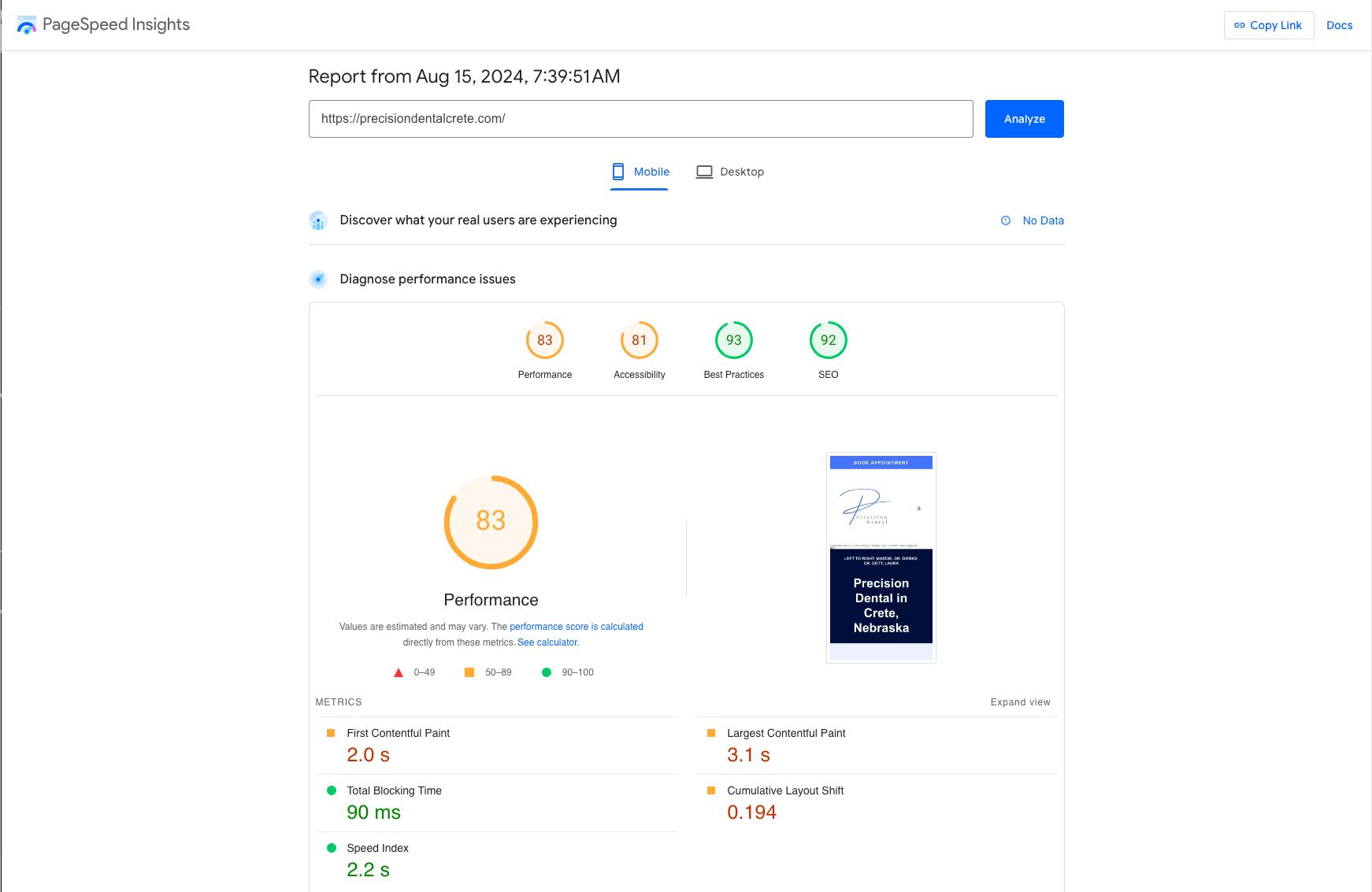 page speed insights screenshot precision dental