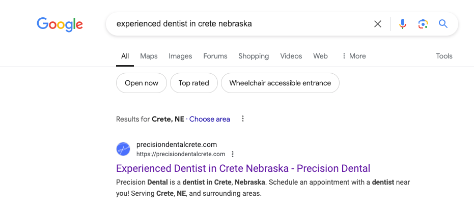 experienced dentist in nebraska google search result screenshot