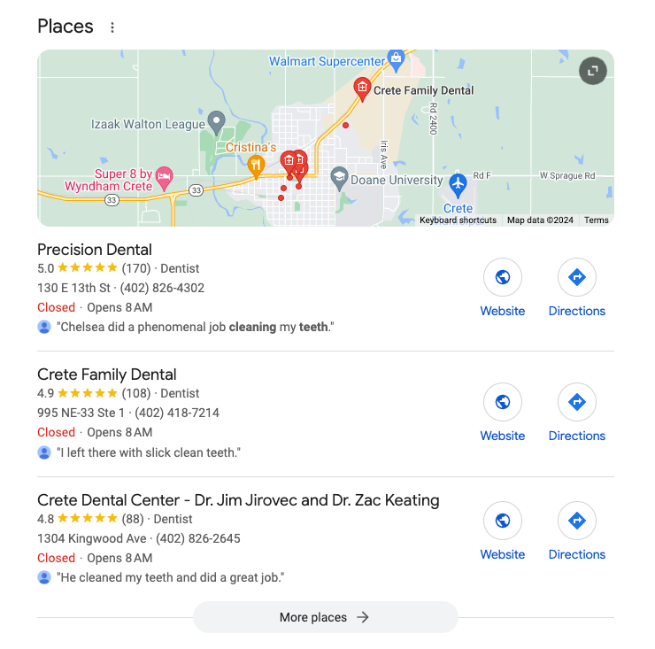 google maps results dentist