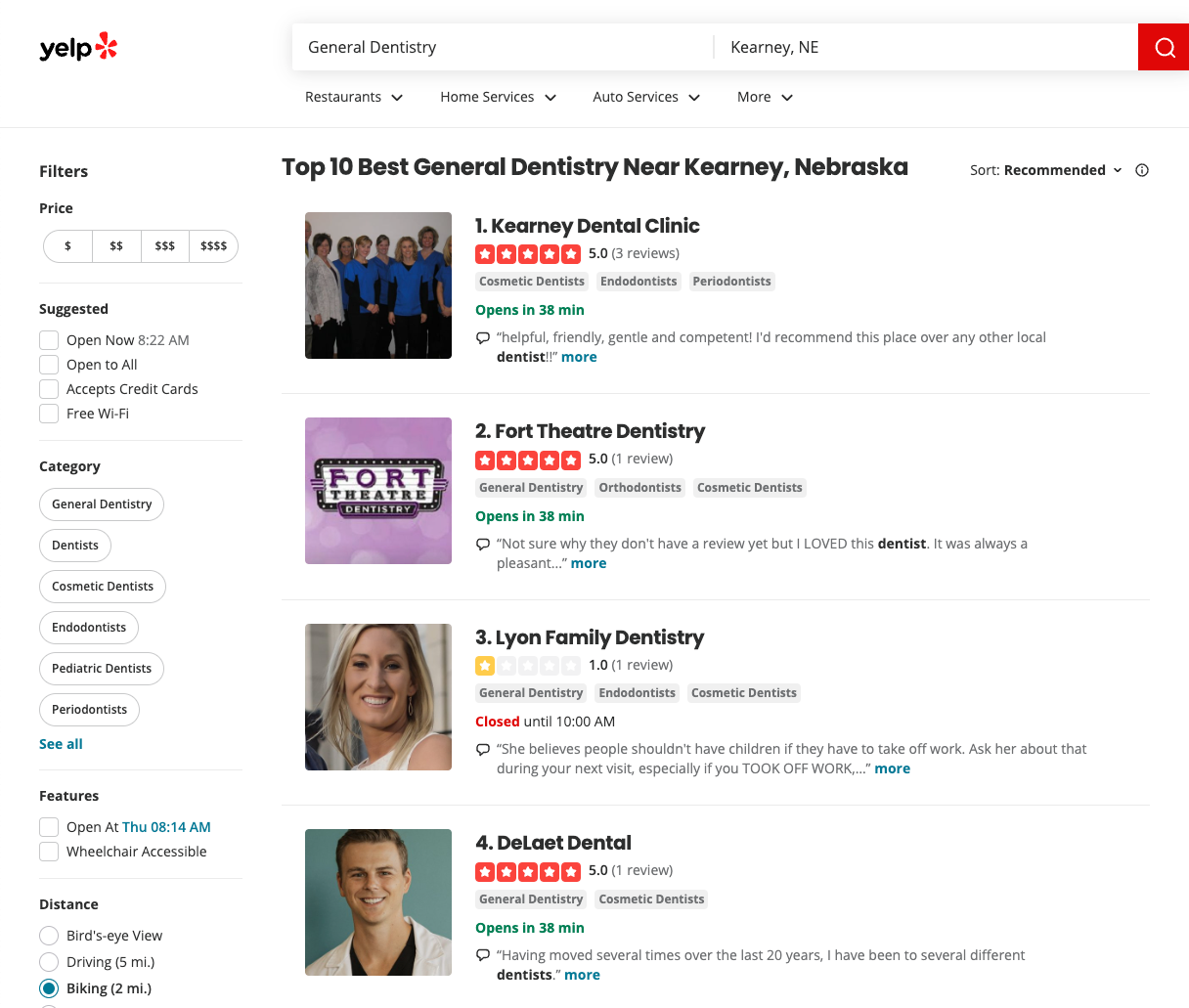 yelp dentist profile optimization search results