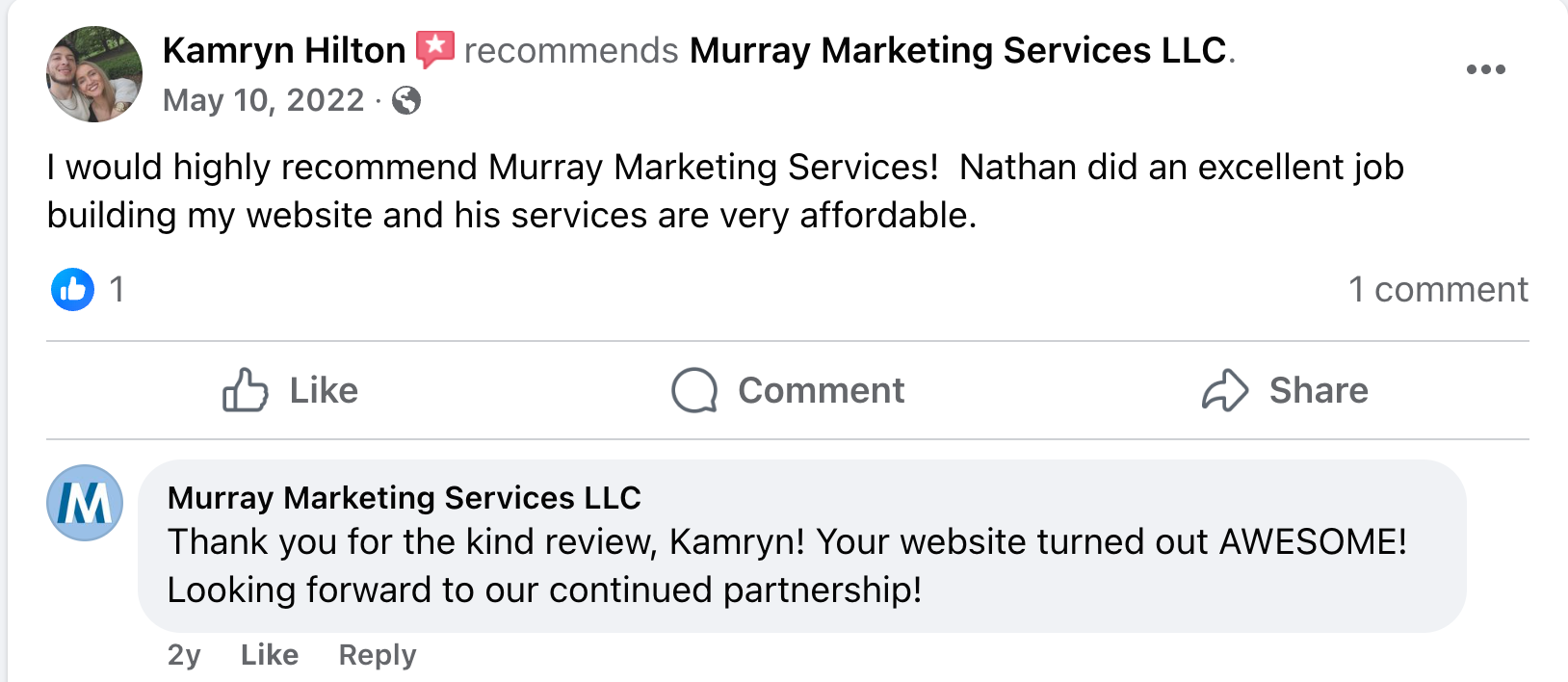 A facebook post that says i would highly recommend murray marketing services llc.